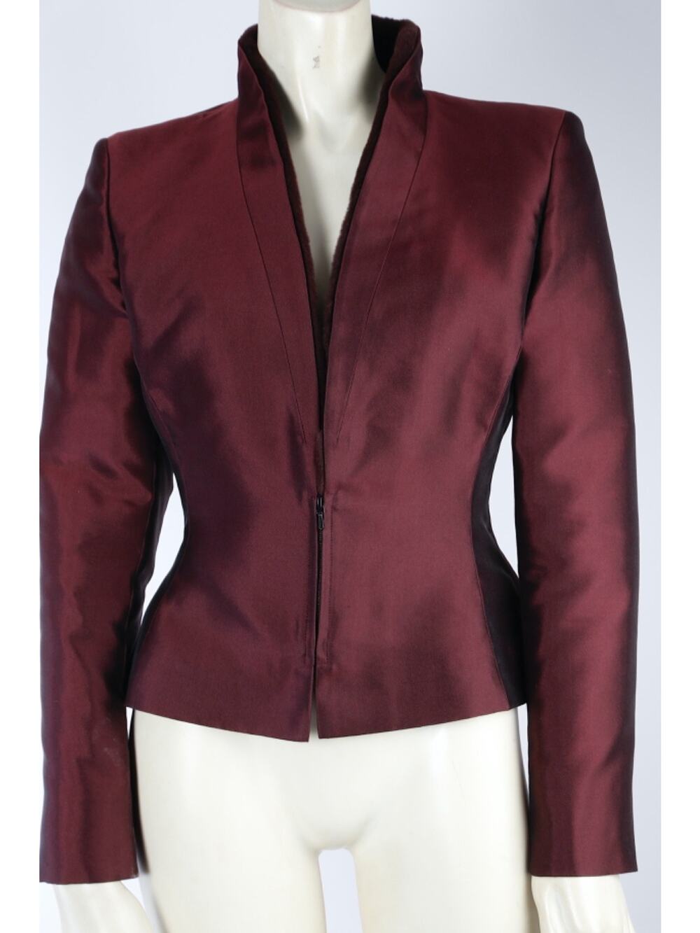 Akris Jacket Size 4 Burgundy Silk Shantung Fur Collar Zip Evening Blazer